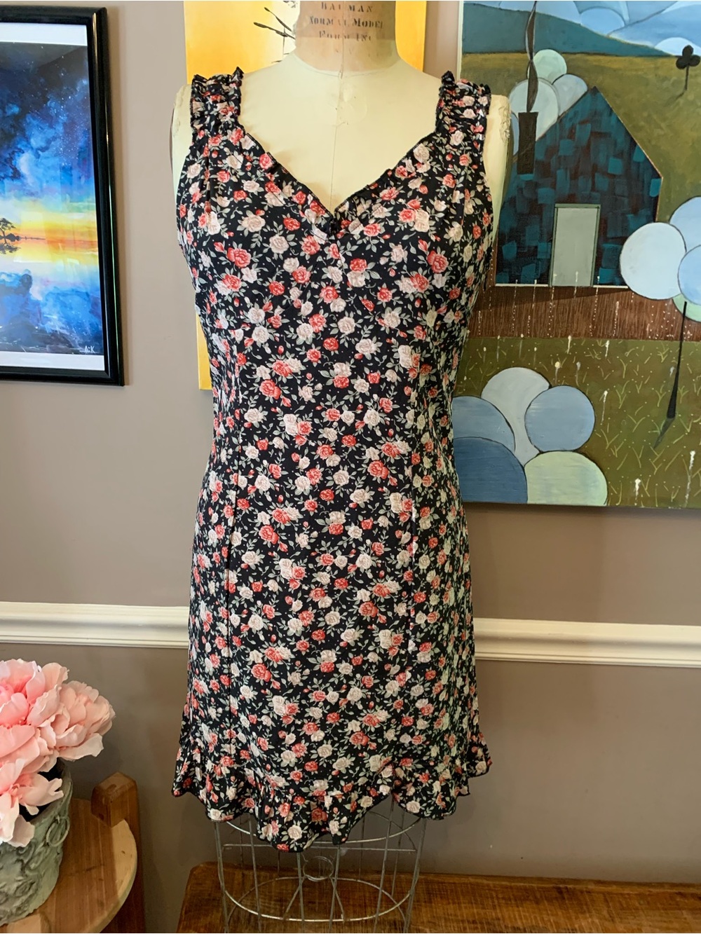 SHEIN Cottagecore Black Rose Print Sleeveless Ruffle Dress Large